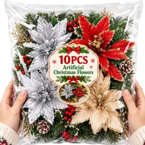10/1PCS Artificial Christmas Flowers Fake Poinsettia Flower Xmas Tree Ornaments DIY Garlands Home Xmas Party Table Decoration
