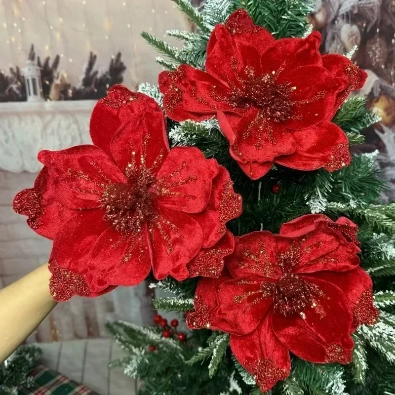 10/1Pcs Christmas Magnolia Flowers Artificial Poinsettia Glittery Red Faux Flowers Xmas Tree Home Table Decoration Accessories - Image 2
