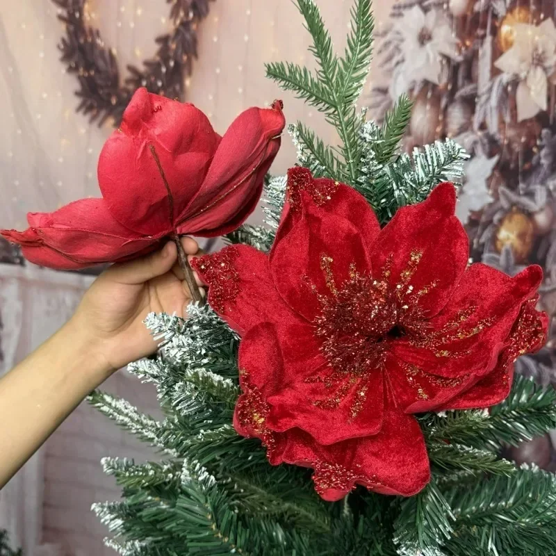10/1Pcs Christmas Magnolia Flowers Artificial Poinsettia Glittery Red Faux Flowers Xmas Tree Home Table Decoration Accessories - Image 5