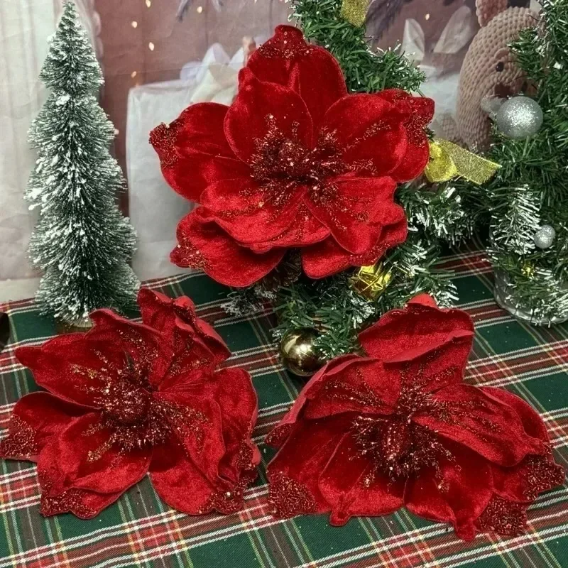 10/1Pcs Christmas Magnolia Flowers Artificial Poinsettia Glittery Red Faux Flowers Xmas Tree Home Table Decoration Accessories - Image 3