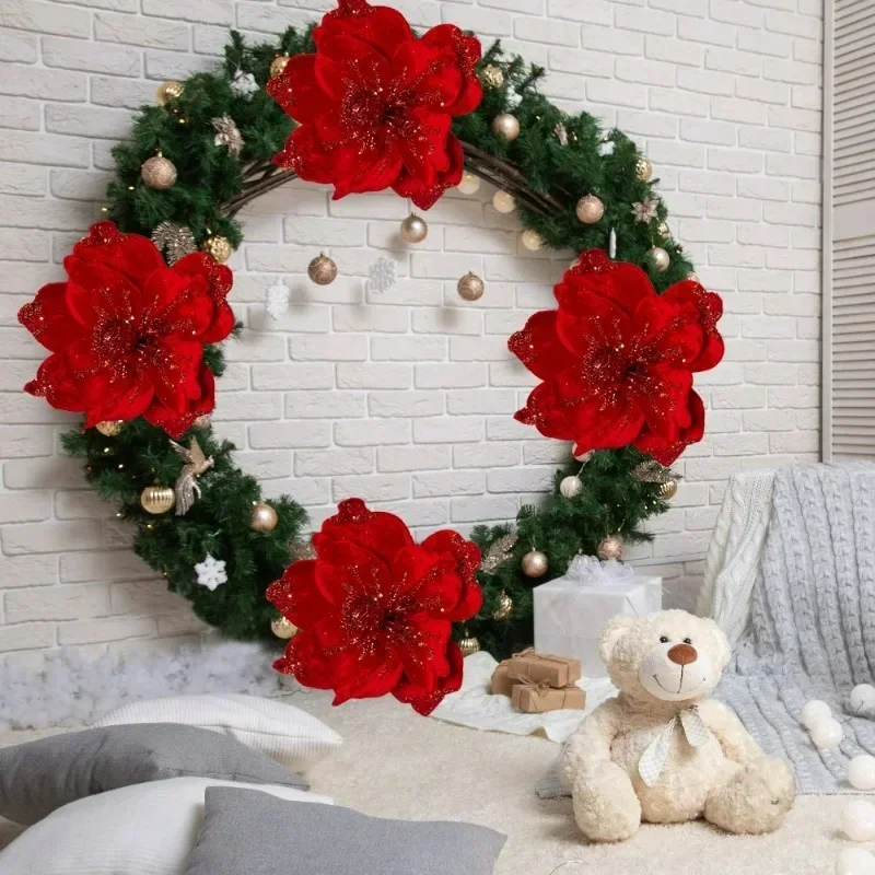 10/1Pcs Christmas Magnolia Flowers Artificial Poinsettia Glittery Red Faux Flowers Xmas Tree Home Table Decoration Accessories - Image 4
