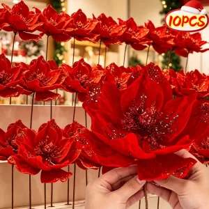 10/1Pcs Christmas Magnolia Flowers Artificial Poinsettia Glittery Red Faux Flowers Xmas Tree Home Table Decoration Accessories