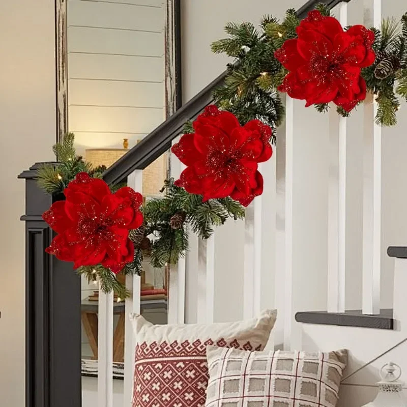10/1Pcs Christmas Magnolia Flowers Artificial Poinsettia Glittery Red Faux Flowers Xmas Tree Home Table Decoration Accessories - Image 6