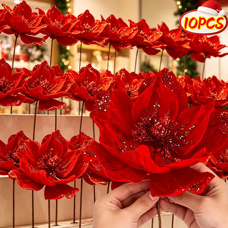 10/1Pcs Christmas Magnolia Flowers Artificial Poinsettia Glittery Red Faux Flowers Xmas Tree Home Table Decoration Accessories