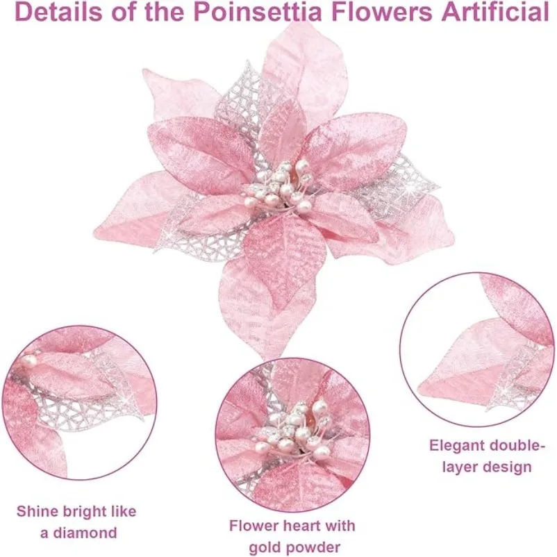 10Pcs Poinsettia Flower Artificial Christmas Decor Glitter Xmas Tree Ornaments for Wreath Garland Winter Holiday Party Supplies - Image 4