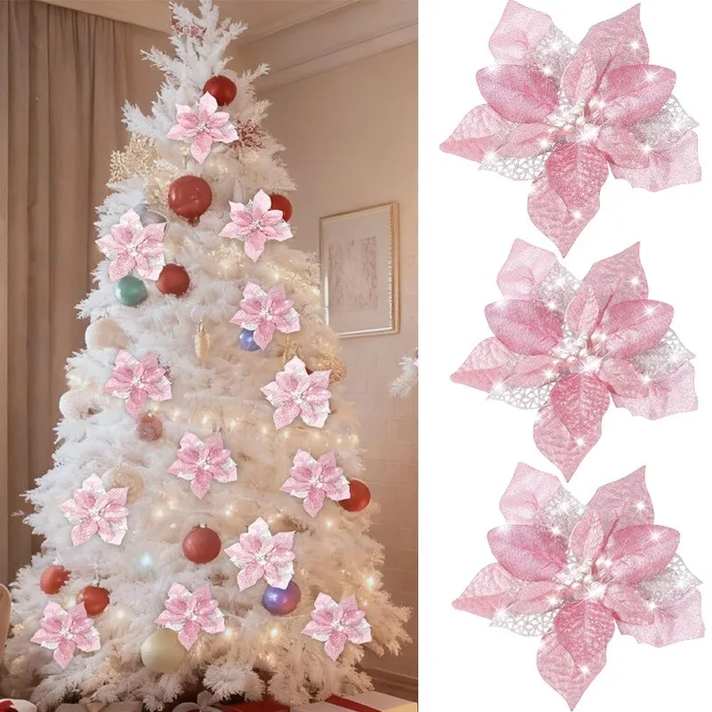 10Pcs Poinsettia Flower Artificial Christmas Decor Glitter Xmas Tree Ornaments for Wreath Garland Winter Holiday Party Supplies