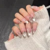 10Pcs Reuse Finished Fake Nail Tips with Butterfly Deisgn Pink Cat's Eye French Handmade Press on False Nails Wearable Nail Art