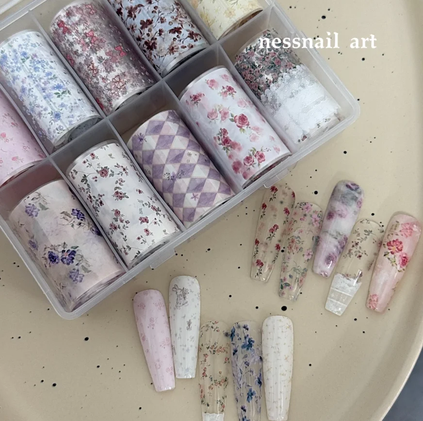 10Rolls Flower Lace Plaid Bow Nail Foils Transfer Paper Nail Art Stickers Manicure Set Decal Nails Decoration - Image 2