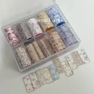 10Rolls Flower Lace Plaid Bow Nail Foils Transfer Paper Nail Art Stickers Manicure Set Decal Nails Decoration