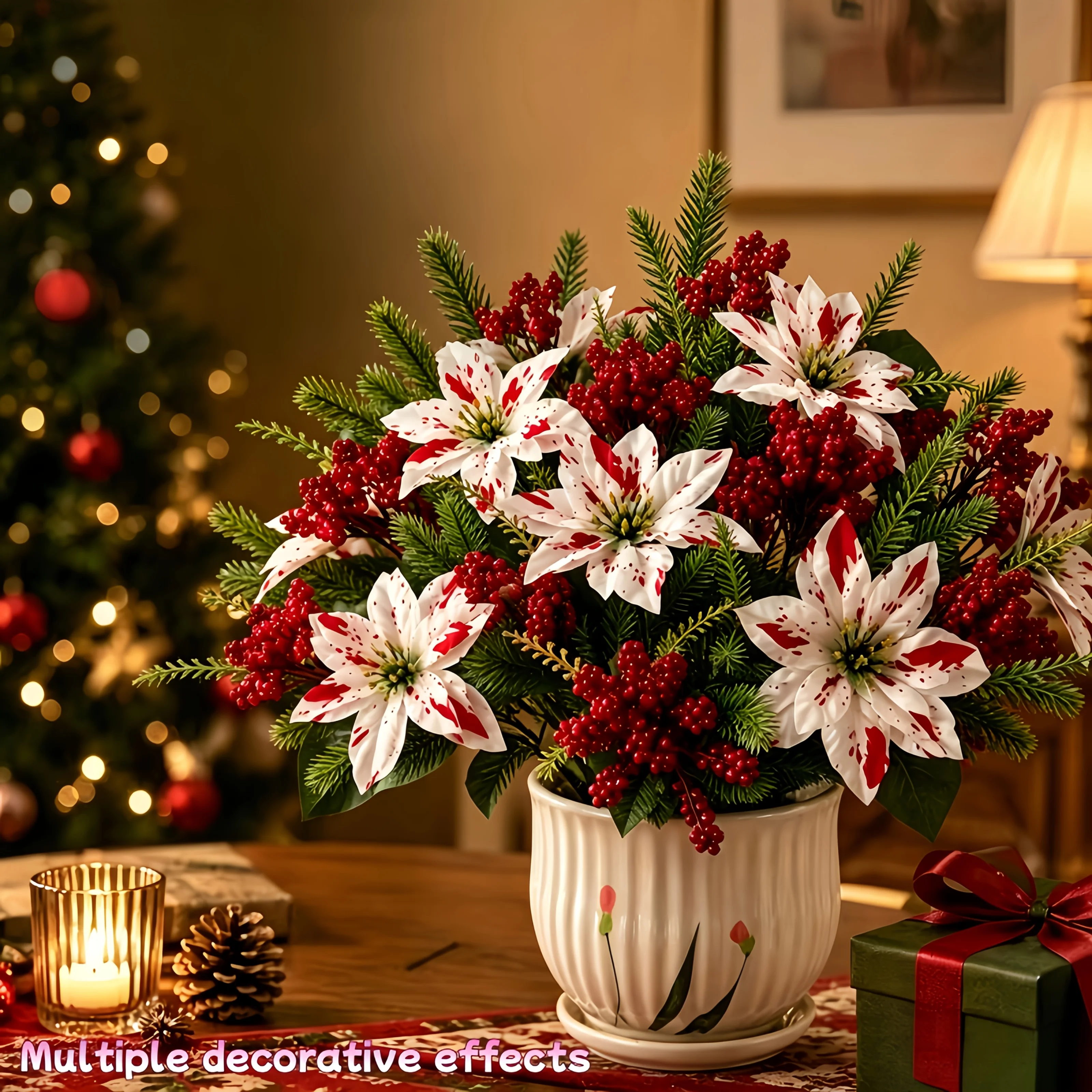 10pcs Artificial Poinsettia Bouquet Christmas Flowers Red Berry Pine Branch Large White Poinsettia for Home Vase Xmas Tree Decor - Image 2