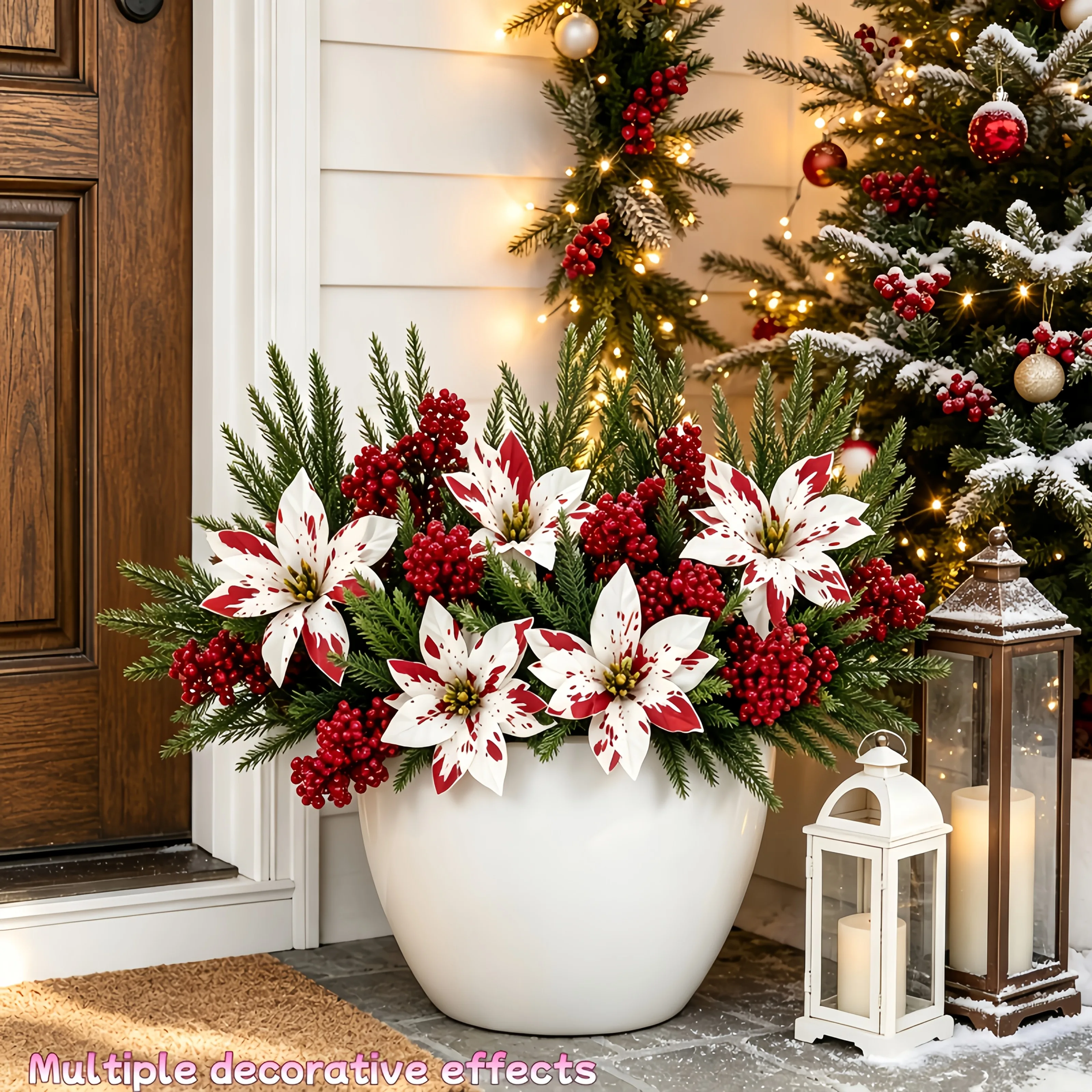 10pcs Artificial Poinsettia Bouquet Christmas Flowers Red Berry Pine Branch Large White Poinsettia for Home Vase Xmas Tree Decor - Image 3