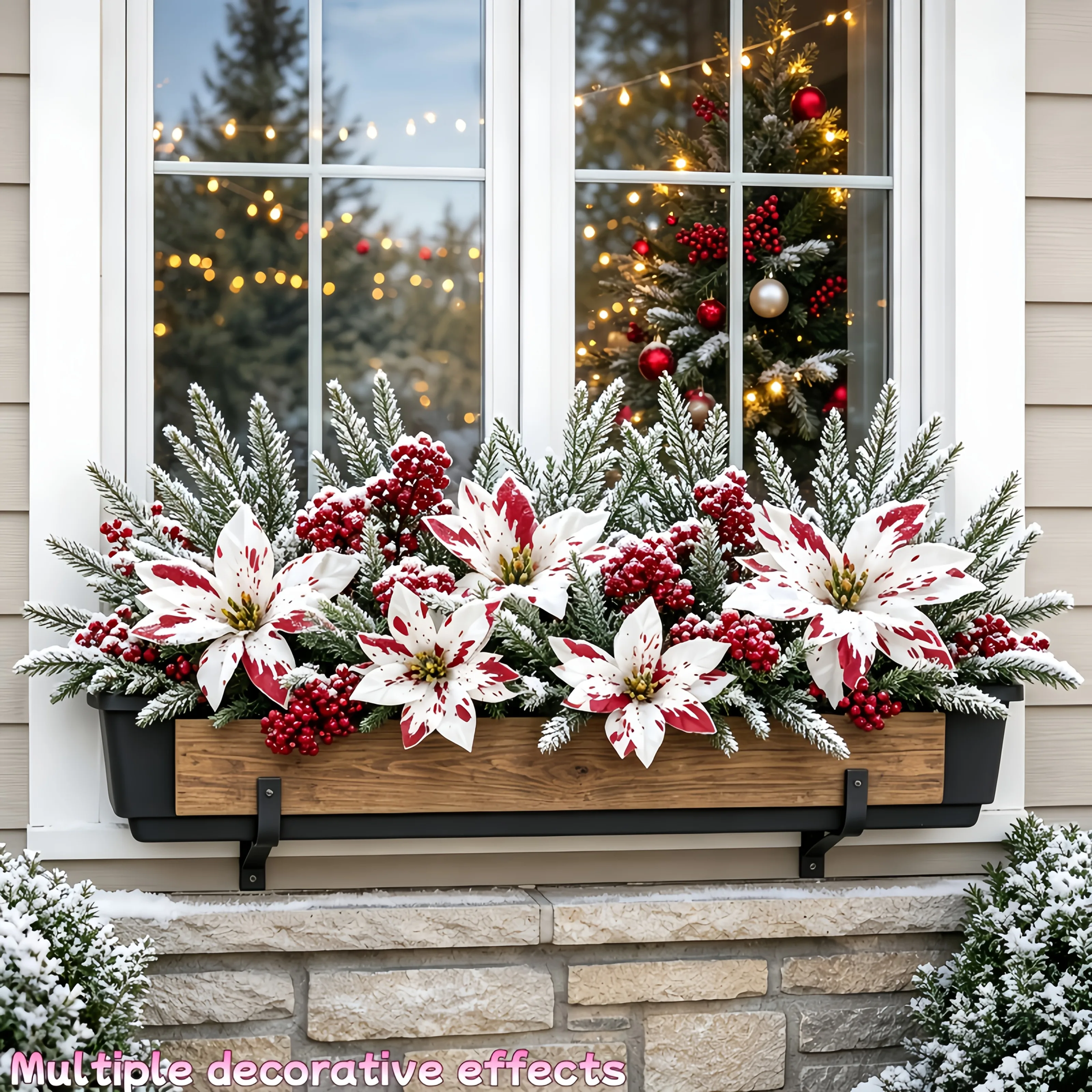 10pcs Artificial Poinsettia Bouquet Christmas Flowers Red Berry Pine Branch Large White Poinsettia for Home Vase Xmas Tree Decor - Image 5
