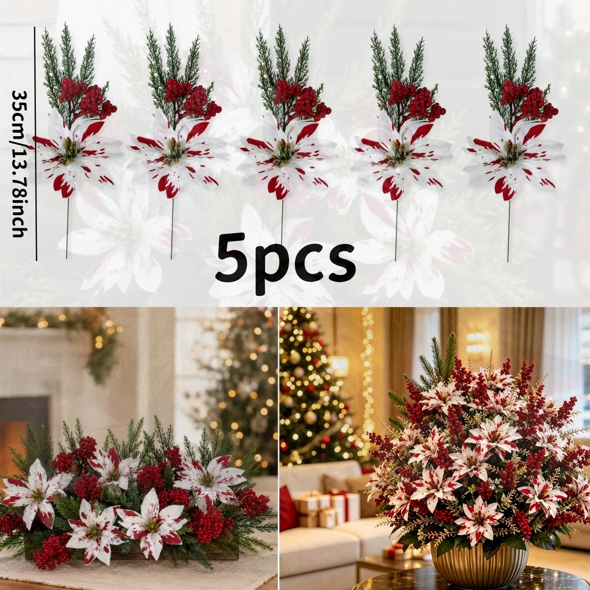 10pcs Artificial Poinsettia Bouquet Christmas Flowers Red Berry Pine Branch Large White Poinsettia for Home Vase Xmas Tree Decor - Image 6