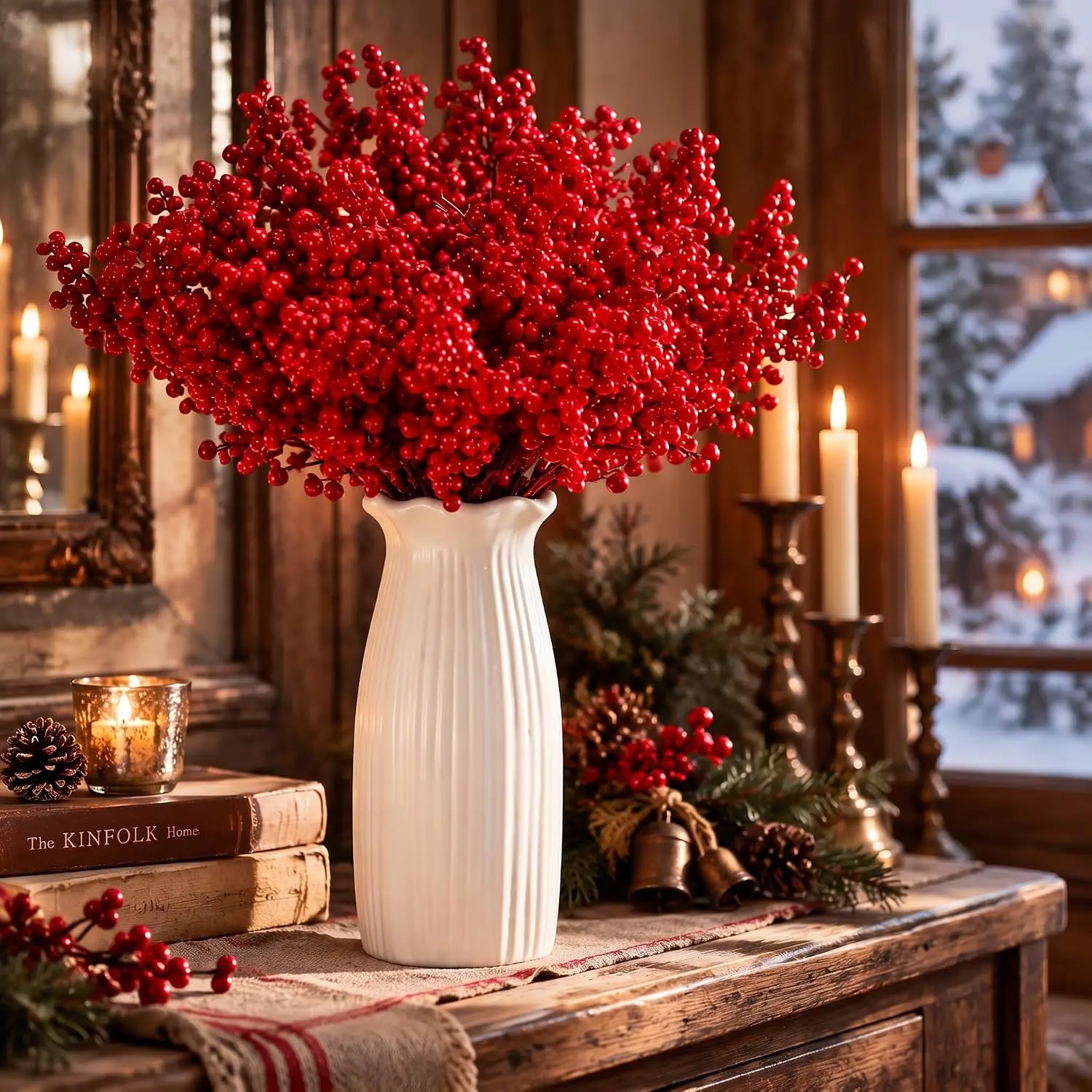 10pcs Christmas Red Berries Branch Fake Plants Flowers Artificial Holly Berry Stamen Wreath Ornaments for Xmas Tree Home