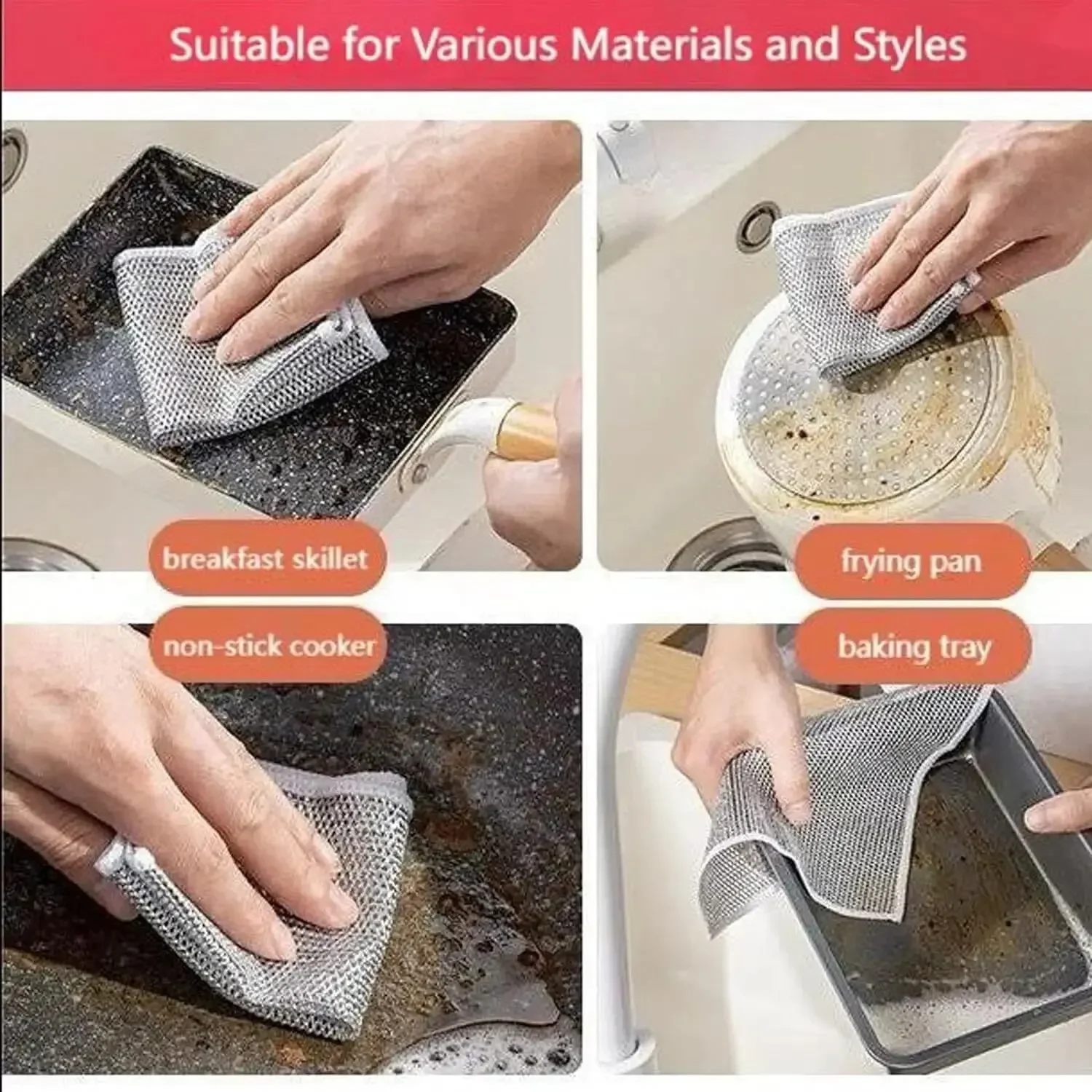 10pcs Magic Dishcloth Silver Wire Cleaning Kitchen Cloth Thickened Microfiber Wash Towel Built-in Sponge Steel Wire Ball Rag - Image 4