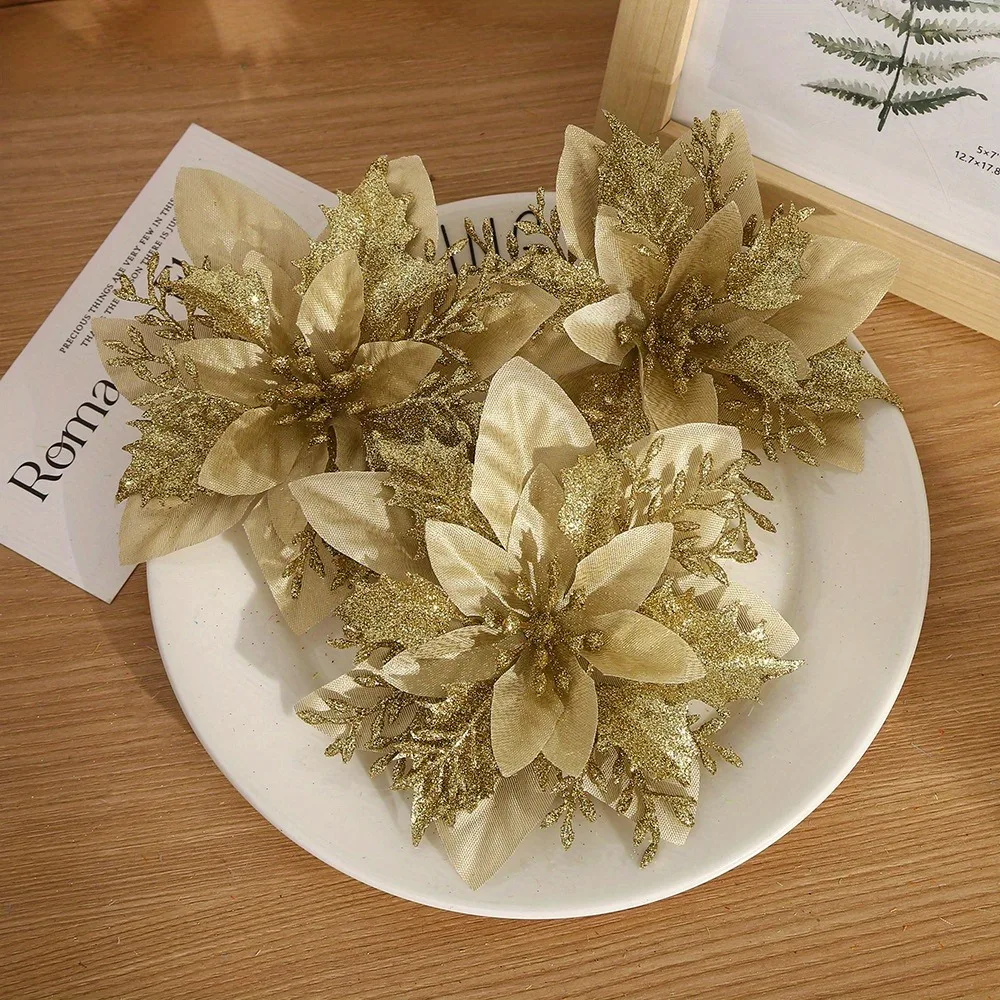 10pcs Shiny Red Artificial Poinsettia Flowers with Clips Pre Decorated Suitable for Christmas Tree Ornaments Wedding - Image 3