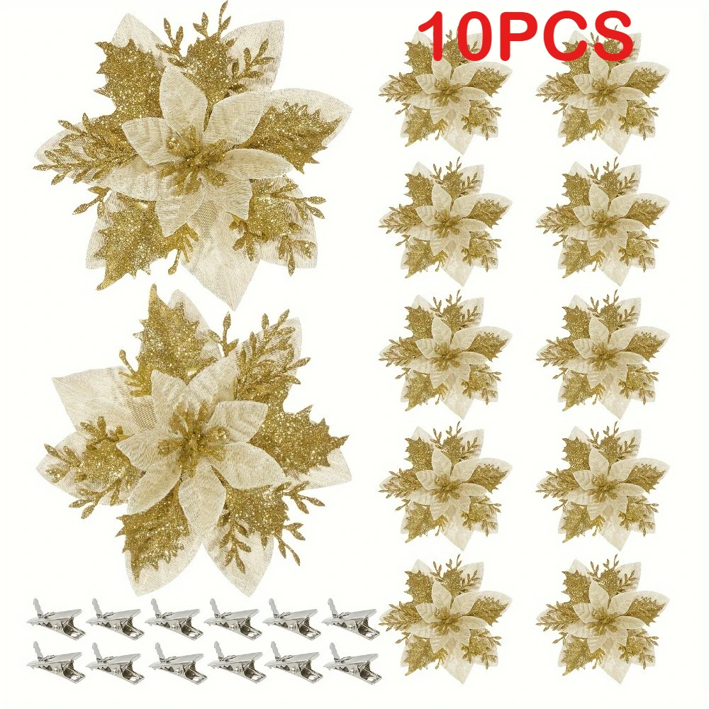 10pcs Shiny Red Artificial Poinsettia Flowers with Clips Pre Decorated Suitable for Christmas Tree Ornaments Wedding - Image 5