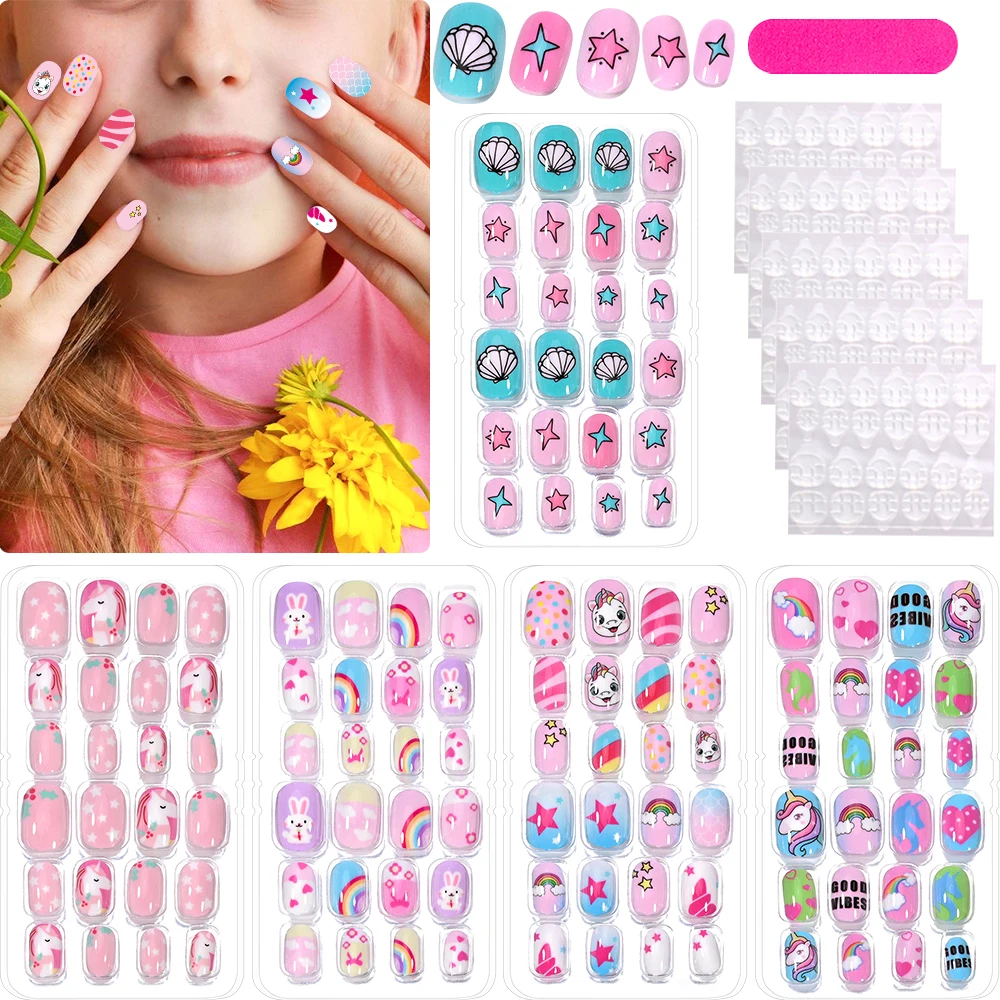120Pcs Children's Press on Nails Kids Cartoon Acrylic Fake Nails Tips Kawaii Girl Full Cover Short False Nails With Jelly Glue#@ - Image 4