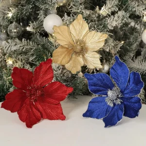 1/2/3Pcs Artificial Poinsettia Flowers Glitter Xmas Tree Ornament for Navidad Wreath Garland Holiday Home New Year Party Decor