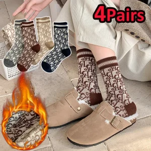 1/2/4Pairs Winter Wool Socks for Women Cashmere Warm Socks Letters Pattern Monogram Thick Mid Tube Designer Socks Luxury Korea