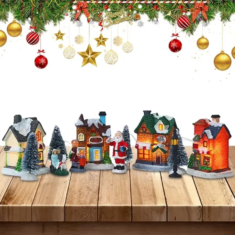 12PCS Resin Mini Christmas Village Figurines Set Lighted LED Christmas Village Houses Battery Operated Miniature Christmas Town - Image 2