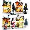 12PCS Resin Mini Christmas Village Figurines Set Lighted LED Christmas Village Houses Battery Operated Miniature Christmas Town