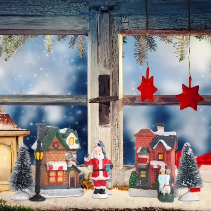 12PCS Resin Mini Christmas Village Figurines Set Lighted LED Christmas Village Houses Battery Operated Miniature Christmas Town - Image 3