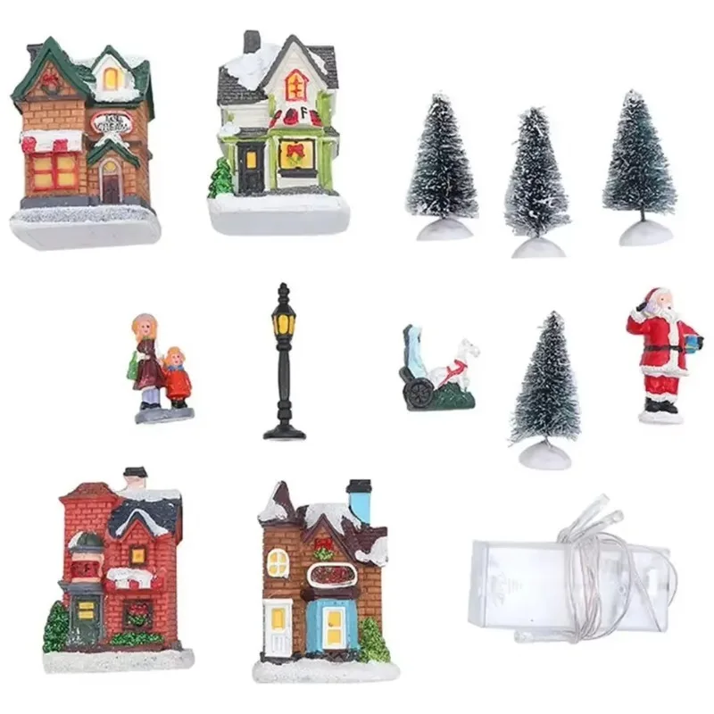 12PCS Resin Mini Christmas Village Figurines Set Lighted LED Christmas Village Houses Battery Operated Miniature Christmas Town - Image 4