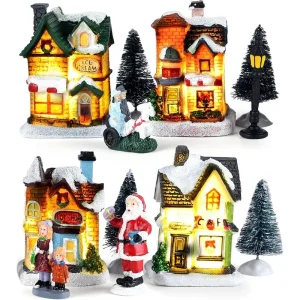 12PCS Resin Mini Christmas Village Figurines Set Lighted LED Christmas Village Houses Battery Operated Miniature Christmas Town