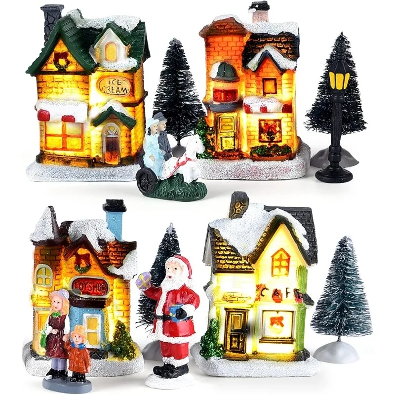 12PCS Resin Mini Christmas Village Figurines Set Lighted LED Christmas Village Houses Battery Operated Miniature Christmas Town