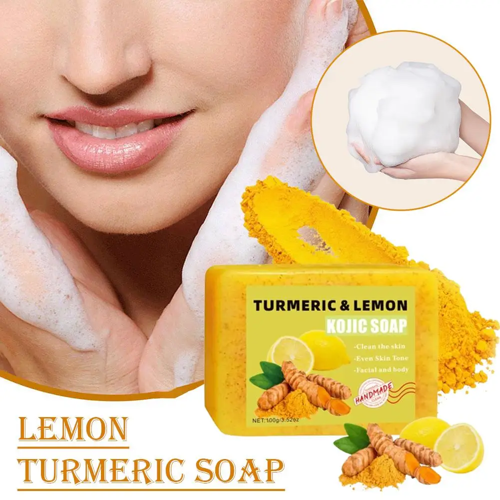 1/2PCs Lemon Turmeric Kojic Acid Soap Bar, Turmeric Soap Bar Brighten Even Skin Vitamin E, Gentle Lemon Soap For Face, Body Wash - Image 2