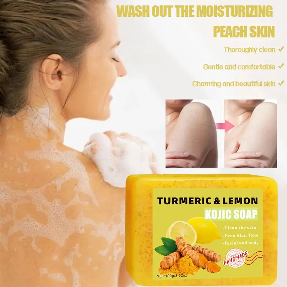 1/2PCs Lemon Turmeric Kojic Acid Soap Bar, Turmeric Soap Bar Brighten Even Skin Vitamin E, Gentle Lemon Soap For Face, Body Wash - Image 5