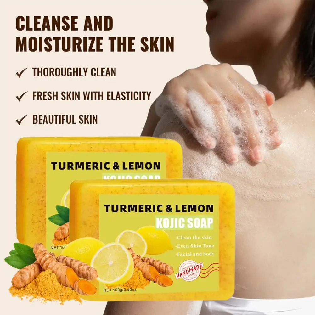 1/2PCs Lemon Turmeric Kojic Acid Soap Bar, Turmeric Soap Bar Brighten Even Skin Vitamin E, Gentle Lemon Soap For Face, Body Wash - Image 6