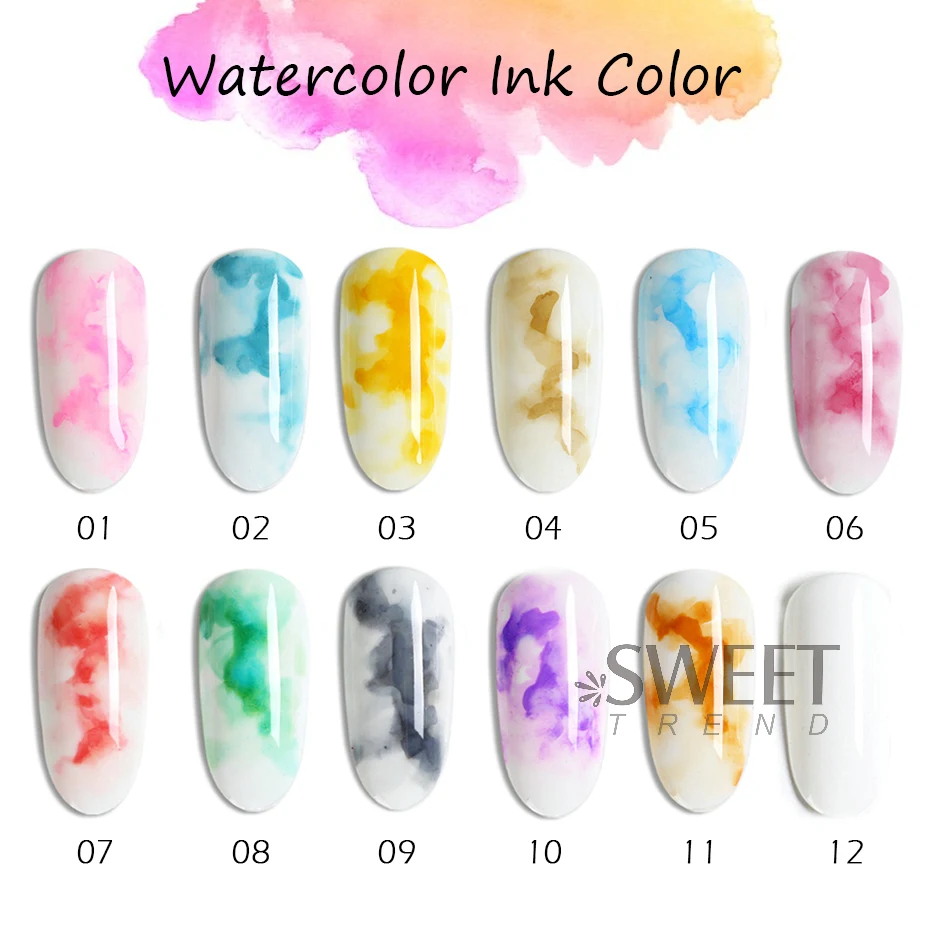 12pcs Watercolor Nail Gel Polish Smudge Blooming Ink Soak Off Varnish Marble Bubble Designer Charm Blossom Flower Manicure Decor - Image 3