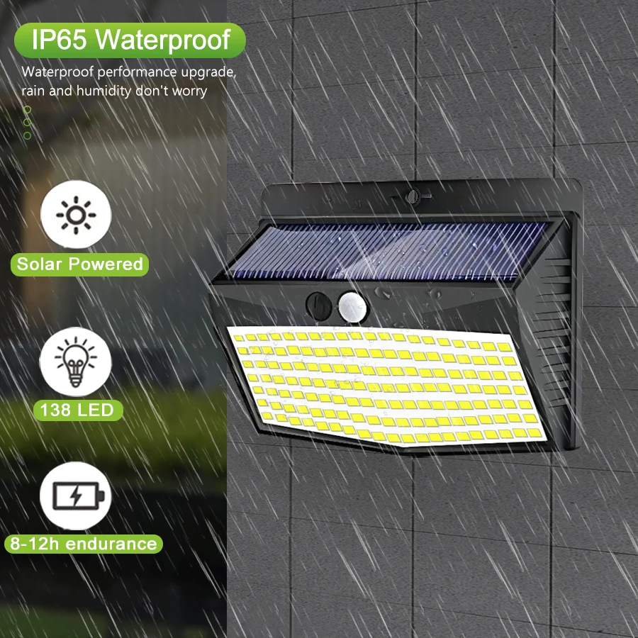 138 LED Solar Light Outdoor Solar Wall Lamp Human Body Sensor 3 Mode Waterproof Garden Decor Street Lights Sunlight Powered - Image 3