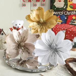 1/3Pcs Christmas Poinsettia Flower Bouquet Velvet Magnolia Artificial Floral for Xmas Tree Ornaments Home Wedding Party Decor