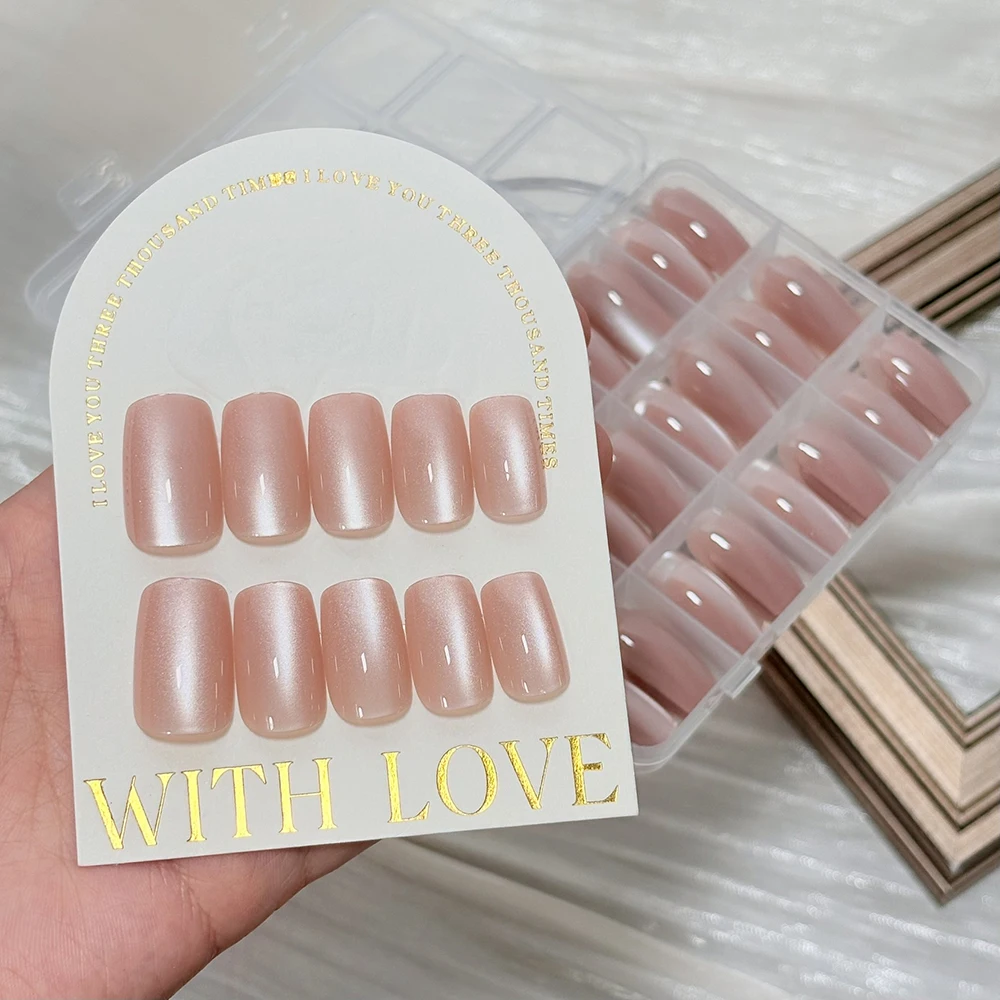144Pcs/Box Nude Pink Cat's Eye Press On Nails Glossy Short Round Head Fake Nail Detachable Full Cover False Nailtip DIY Manicure - Image 2