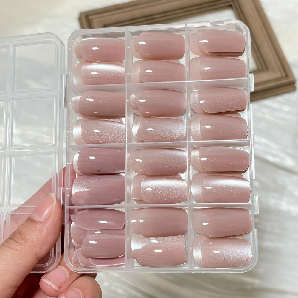 144Pcs/Box Nude Pink Cat's Eye Press On Nails Glossy Short Round Head Fake Nail Detachable Full Cover False Nailtip DIY Manicure - Image 5
