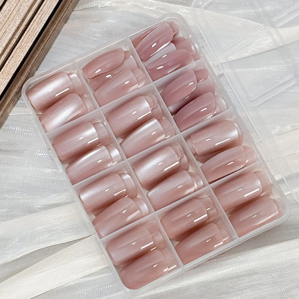 144Pcs/Box Nude Pink Cat's Eye Press On Nails Glossy Short Round Head Fake Nail Detachable Full Cover False Nailtip DIY Manicure - Image 3