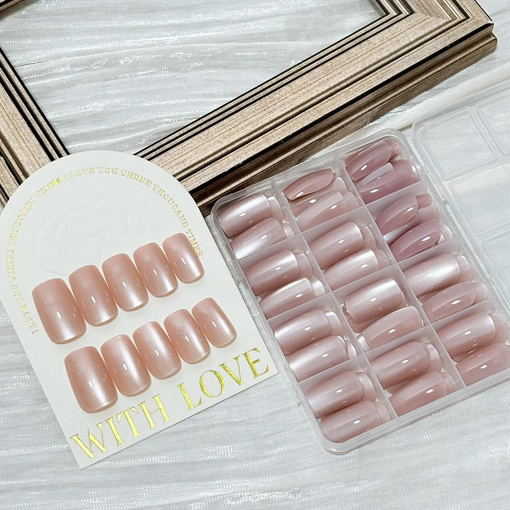 144Pcs/Box Nude Pink Cat's Eye Press On Nails Glossy Short Round Head Fake Nail Detachable Full Cover False Nailtip DIY Manicure - Image 4