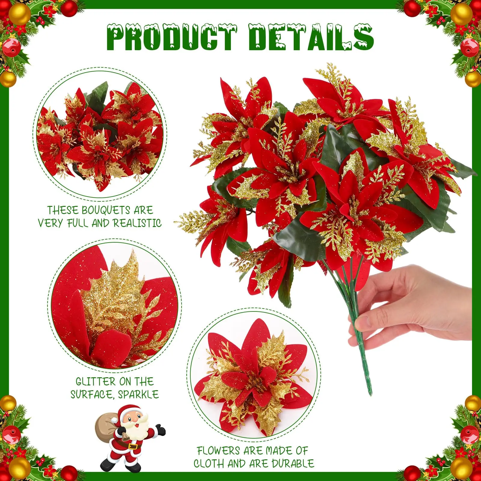1/4pc Christmas Glitter Poinsettia Artificial Flowers Bushes Fake Flower Bouquet for Navidad Home Xmas Tree Decoration Ornaments - Image 6