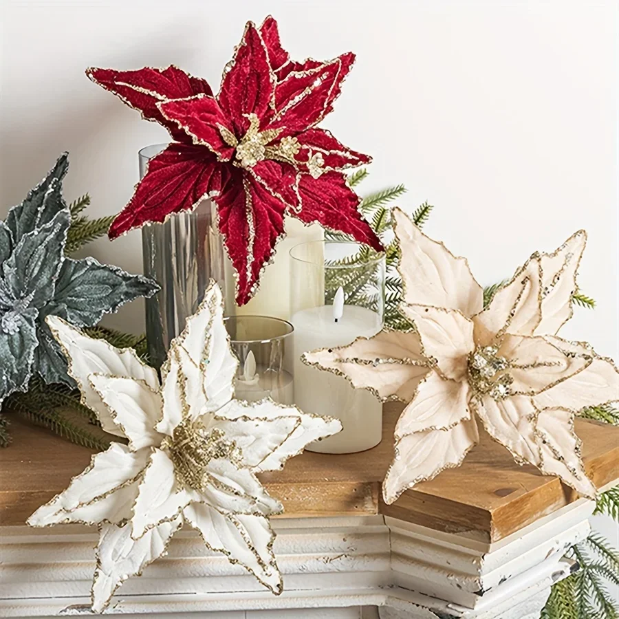 1/4pcs Christmas Holiday Decorative Flowers Artificial Flowers Shiny Sequin Velvet Christmas Flowers Home Decor - Image 2