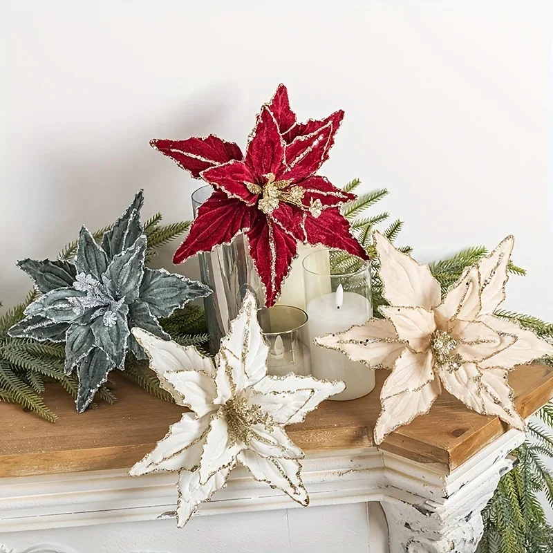 1/4pcs Christmas Holiday Decorative Flowers Artificial Flowers Shiny Sequin Velvet Christmas Flowers Home Decor - Image 3