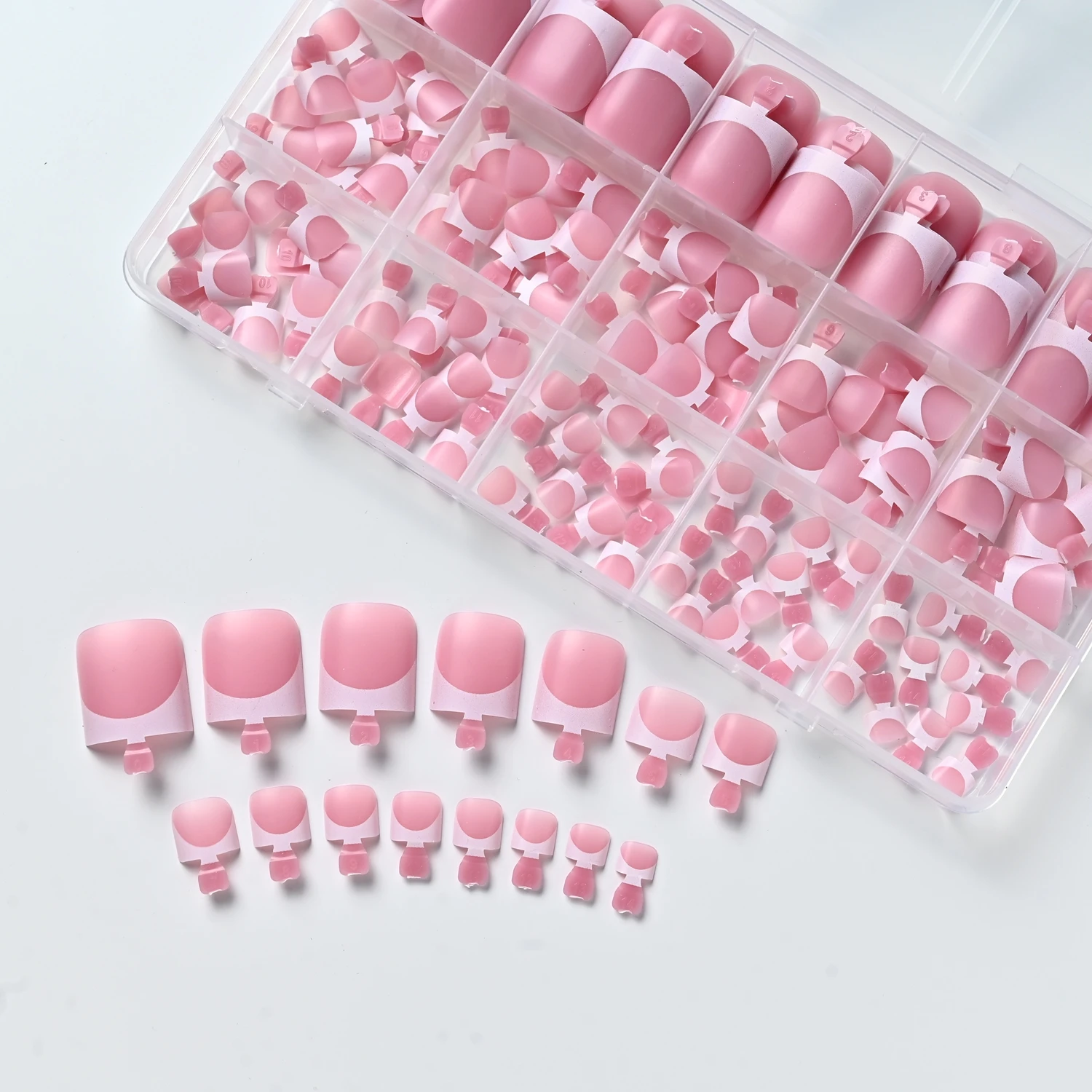 150Pcs Pink White French Press On Toenails 15-Sizes Short Square Fake Toe Nails White Edge Design Wearable False Foot Nail Tips - Image 2