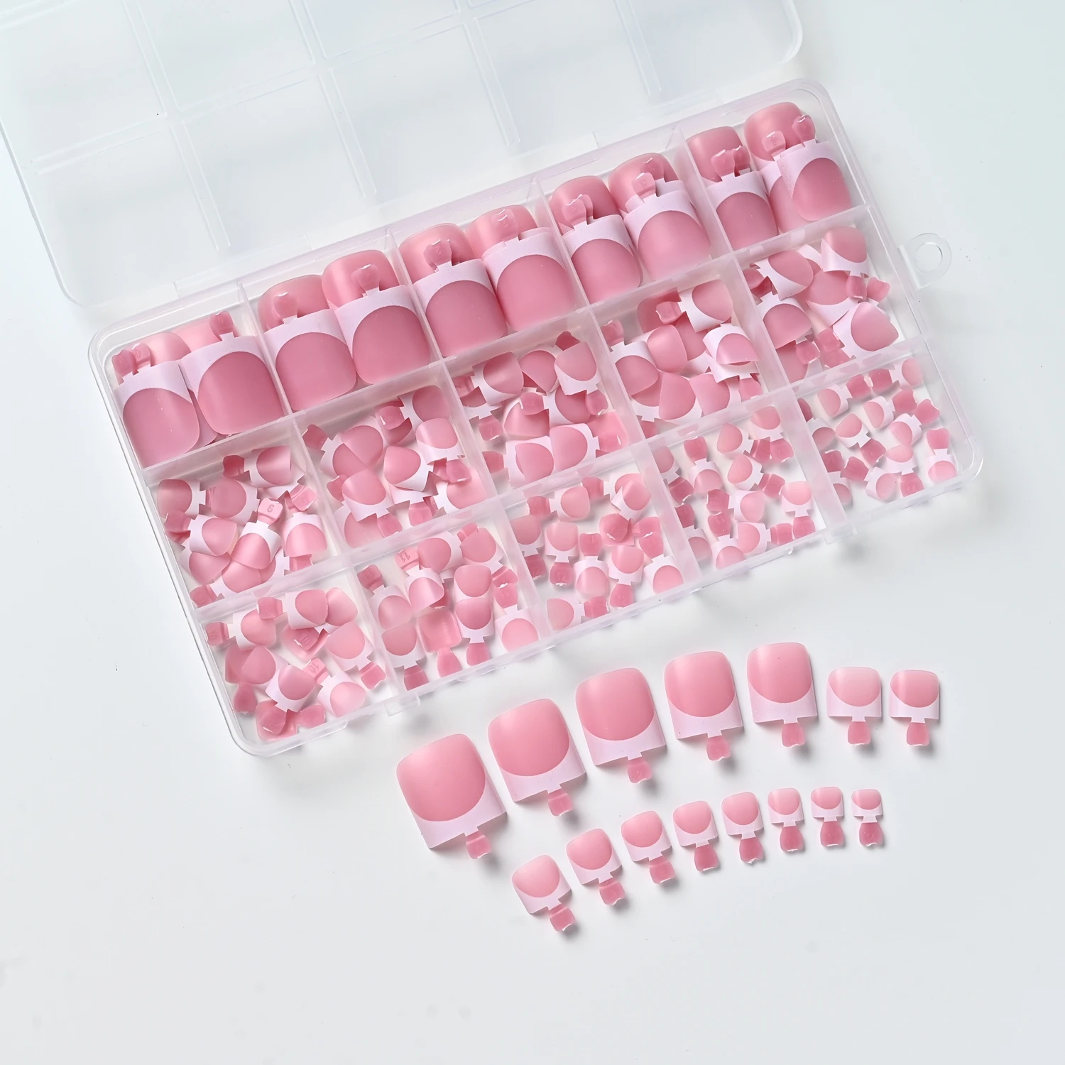 150Pcs Pink White French Press On Toenails 15-Sizes Short Square Fake Toe Nails White Edge Design Wearable False Foot Nail Tips - Image 4