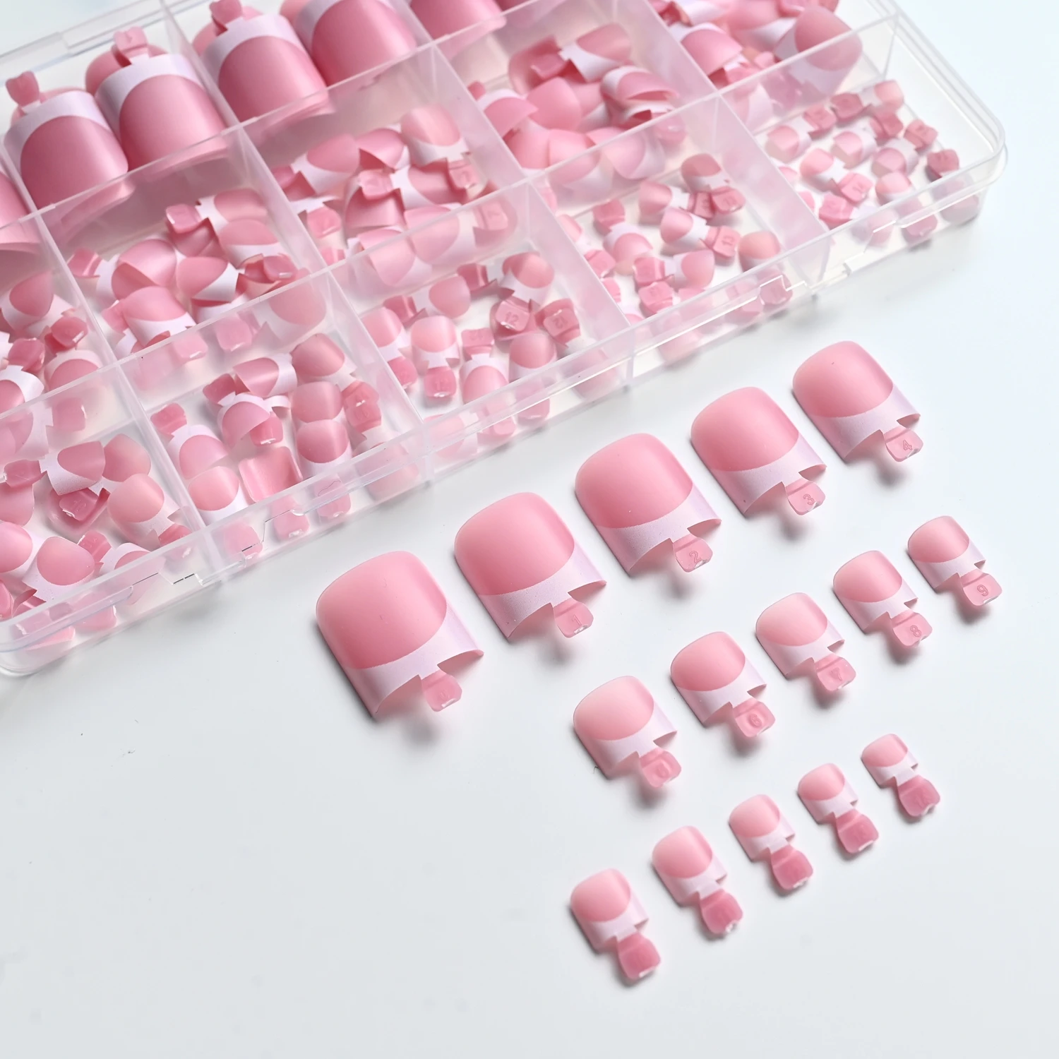 150Pcs Pink White French Press On Toenails 15-Sizes Short Square Fake Toe Nails White Edge Design Wearable False Foot Nail Tips - Image 3