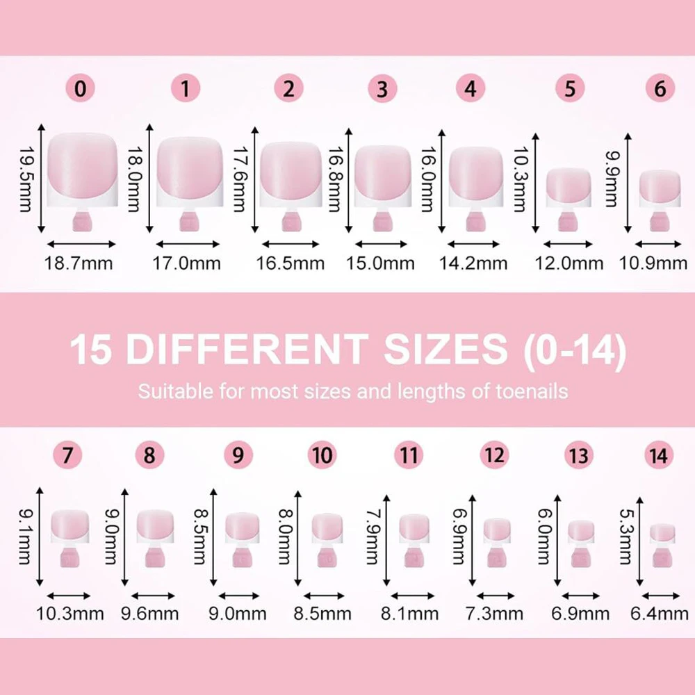 150Pcs Pink White French Press On Toenails 15-Sizes Short Square Fake Toe Nails White Edge Design Wearable False Foot Nail Tips - Image 6