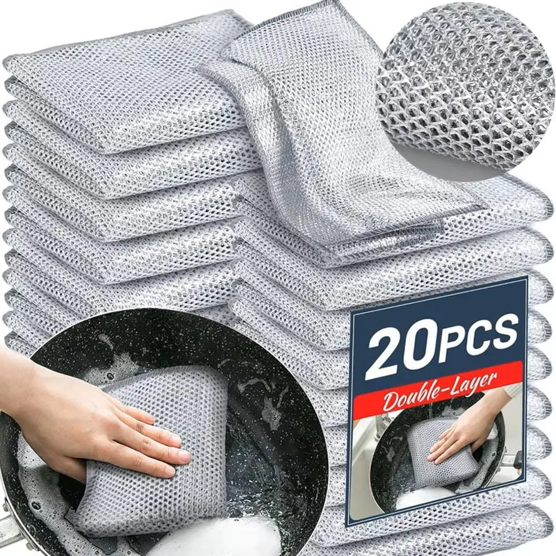 1/5/10/20pcs Cleaning Cloth Towel Thickened Silver Wire Kitchen Pot Dish Washing Double-Layer Rag Microfiber Mesh 20*20cm