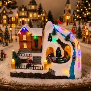 1PC Animated Christmas Village House Ski Resort Scene Rotating Train Lighted Musical Snow Mountain Tabletop Holiday Decor Gifts
