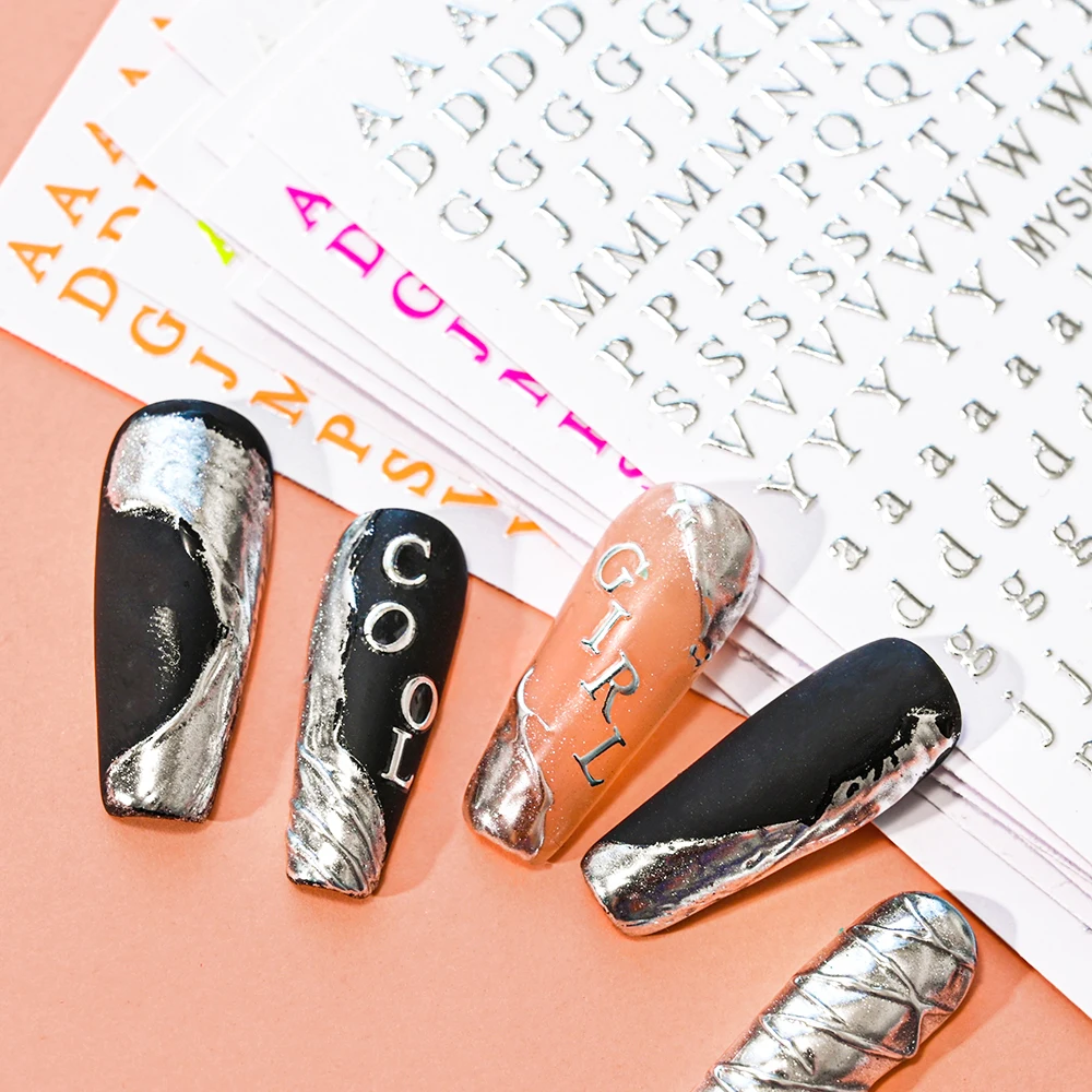 1PCS Laser Silver English Alphabet Nail Art Stickers DIY Manicure Adhesive Letter Decal Uppercase&Lowercase Letter For Nail Tips - Image 3